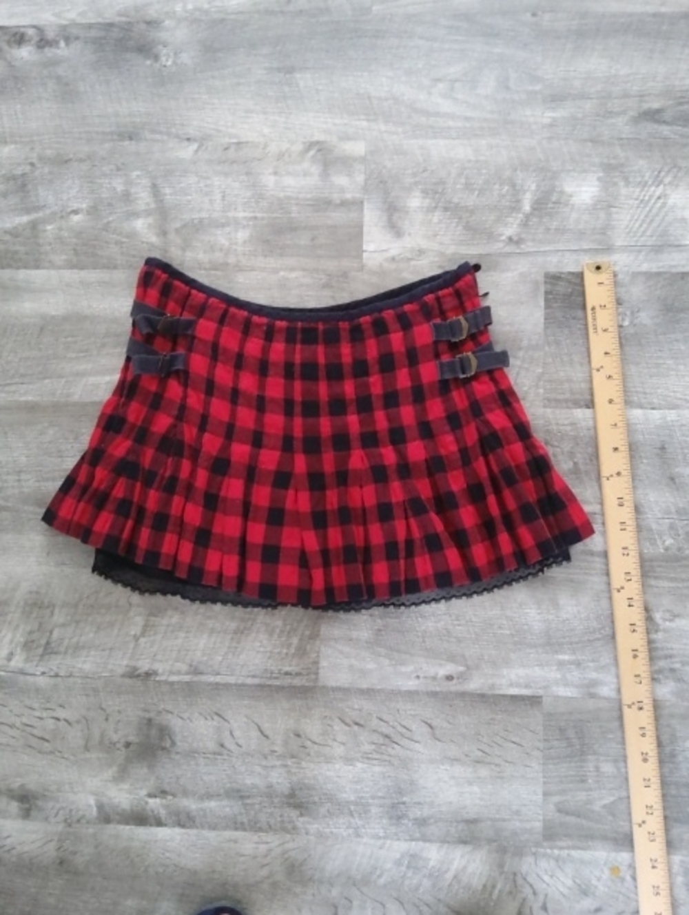 Free People Red and Black Plaid Pleated Mini Skirt with Buckle Straps Size 6